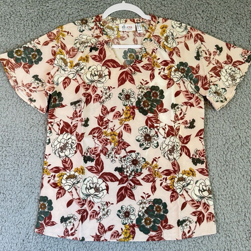 Denim & Company Womens Multi Floral Short Sleeve Raglan Smocked Pullover Top XXS
